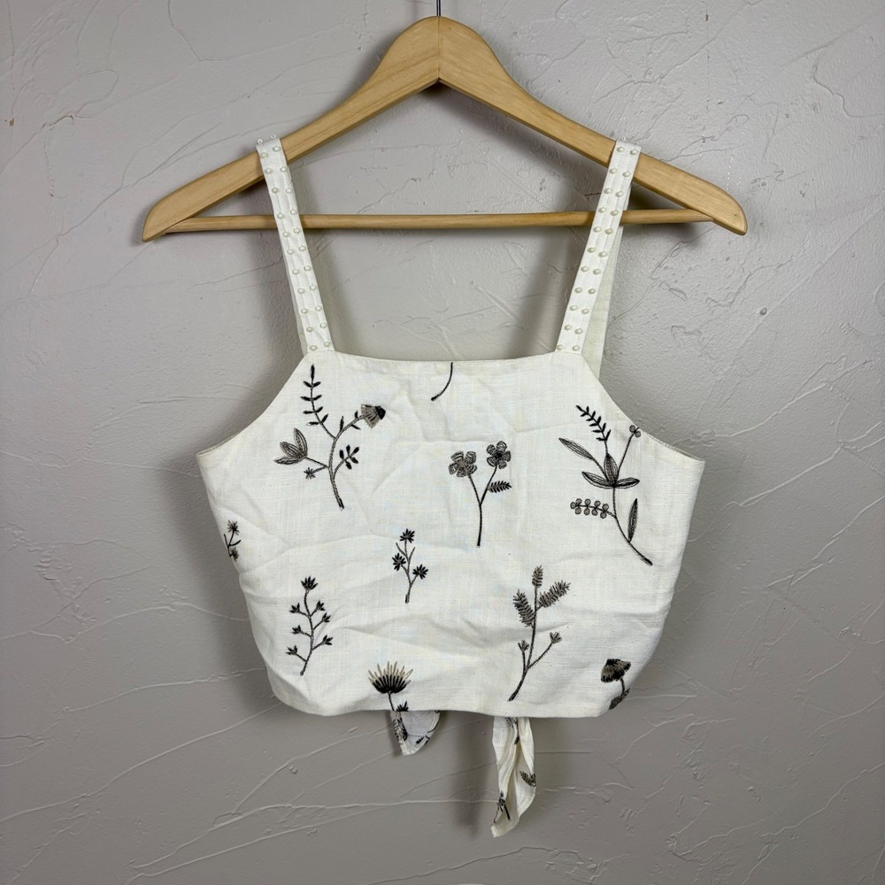 Zara Crop Top Cream Floral Embroidery Beaded Straps Tie Back Small